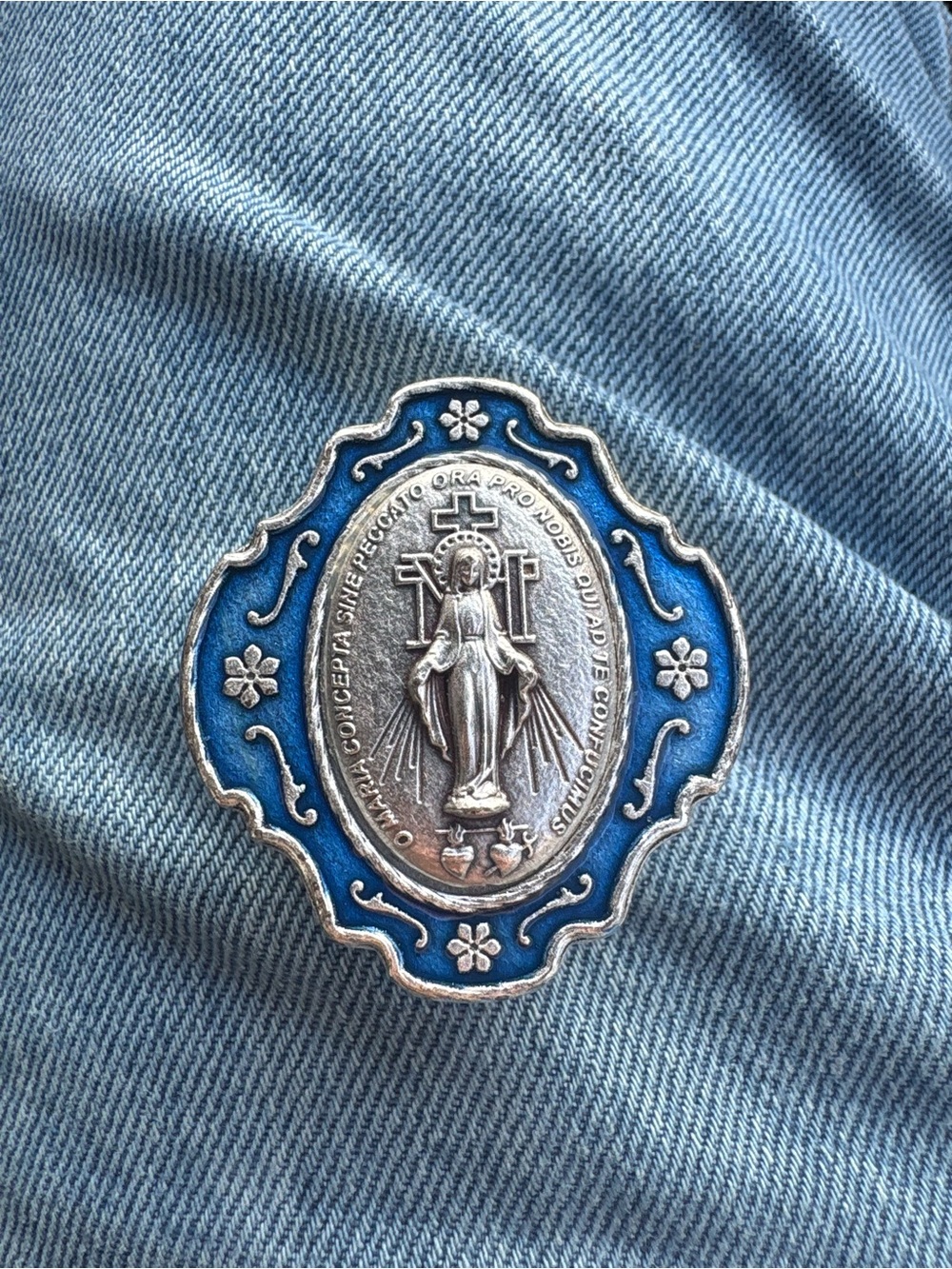 Silver-tone Religious Medal Pin with Blue Enamel